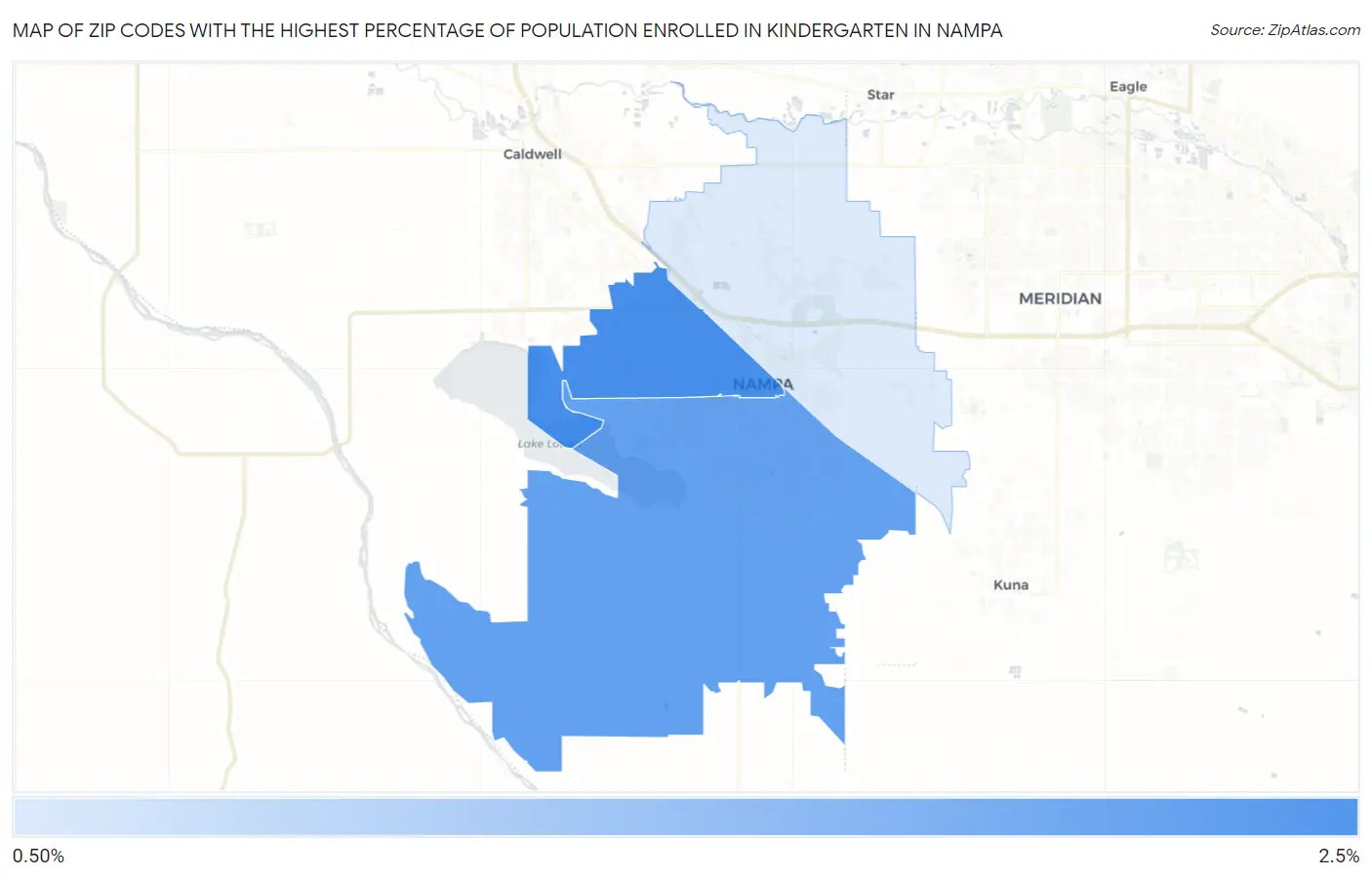 Zip Codes with the Highest Percentage of Population Enrolled in Kindergarten in Nampa Map