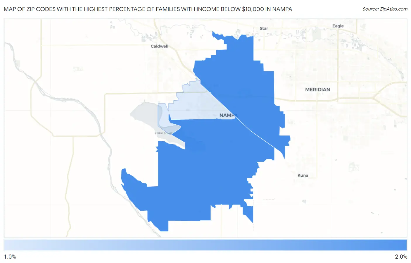 Zip Codes with the Highest Percentage of Families with Income Below $10,000 in Nampa Map