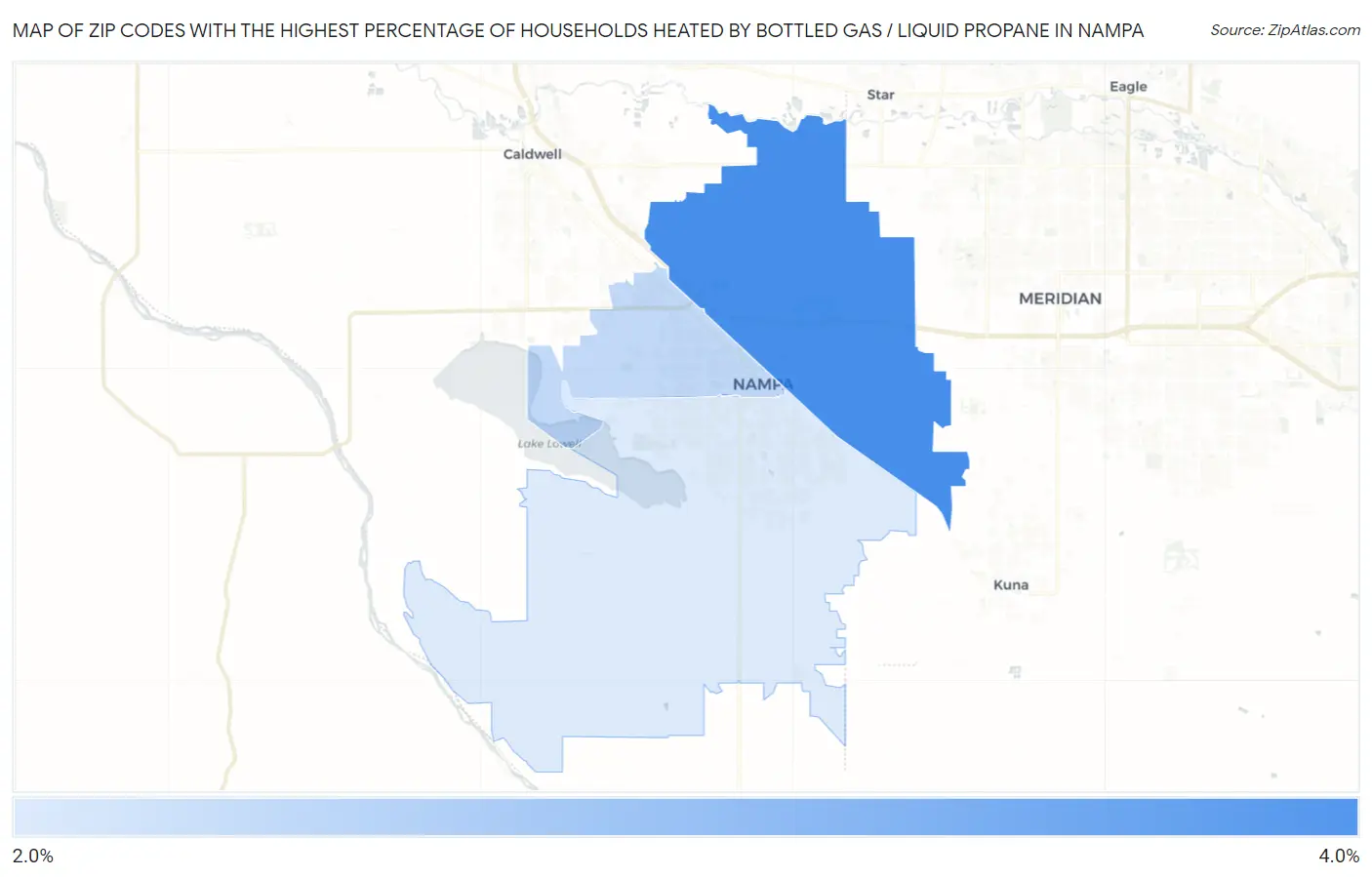 Zip Codes with the Highest Percentage of Households Heated by Bottled Gas / Liquid Propane in Nampa Map
