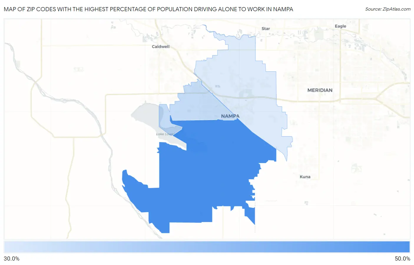 Zip Codes with the Highest Percentage of Population Driving Alone to Work in Nampa Map