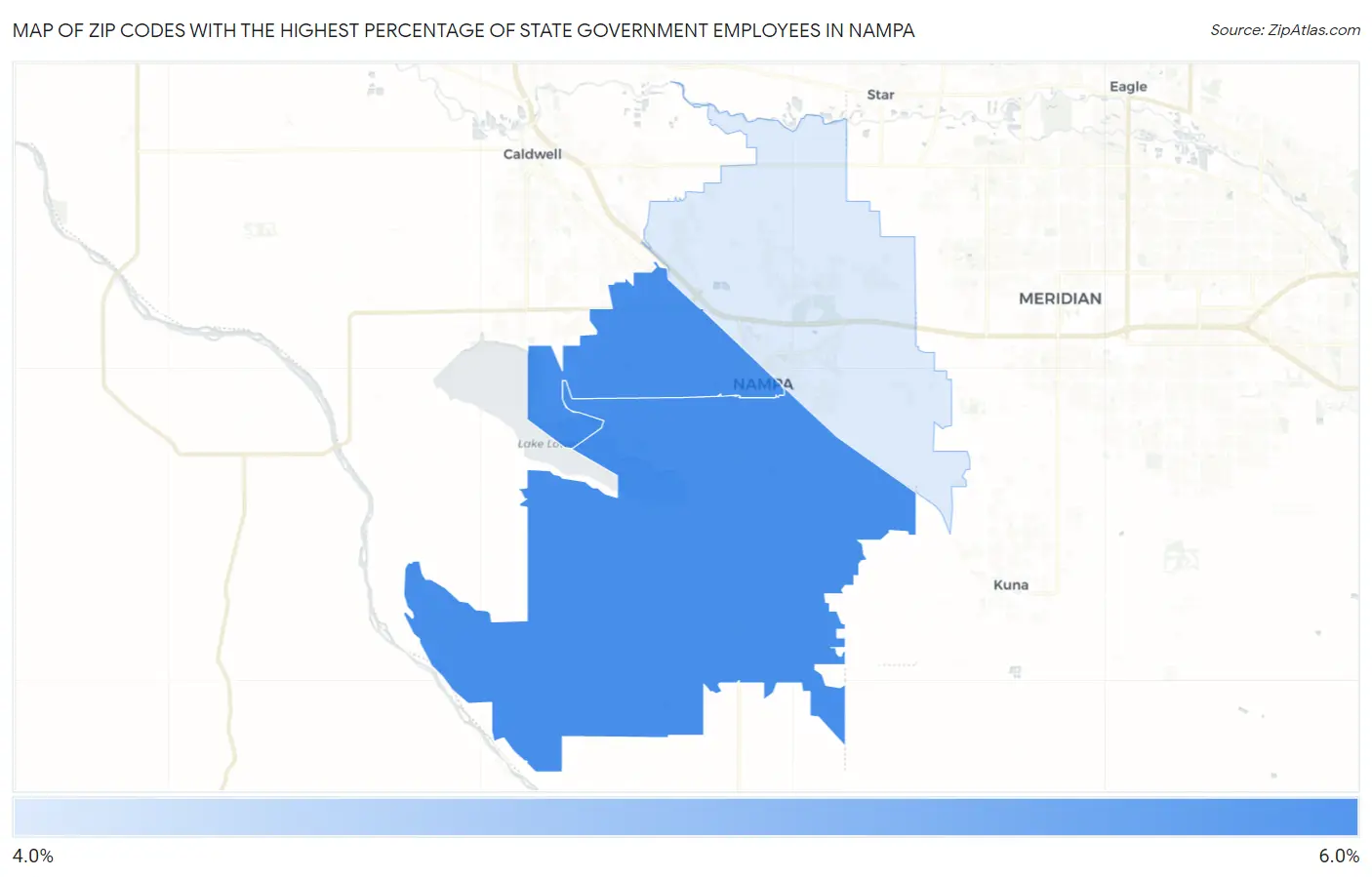 Zip Codes with the Highest Percentage of State Government Employees in Nampa Map