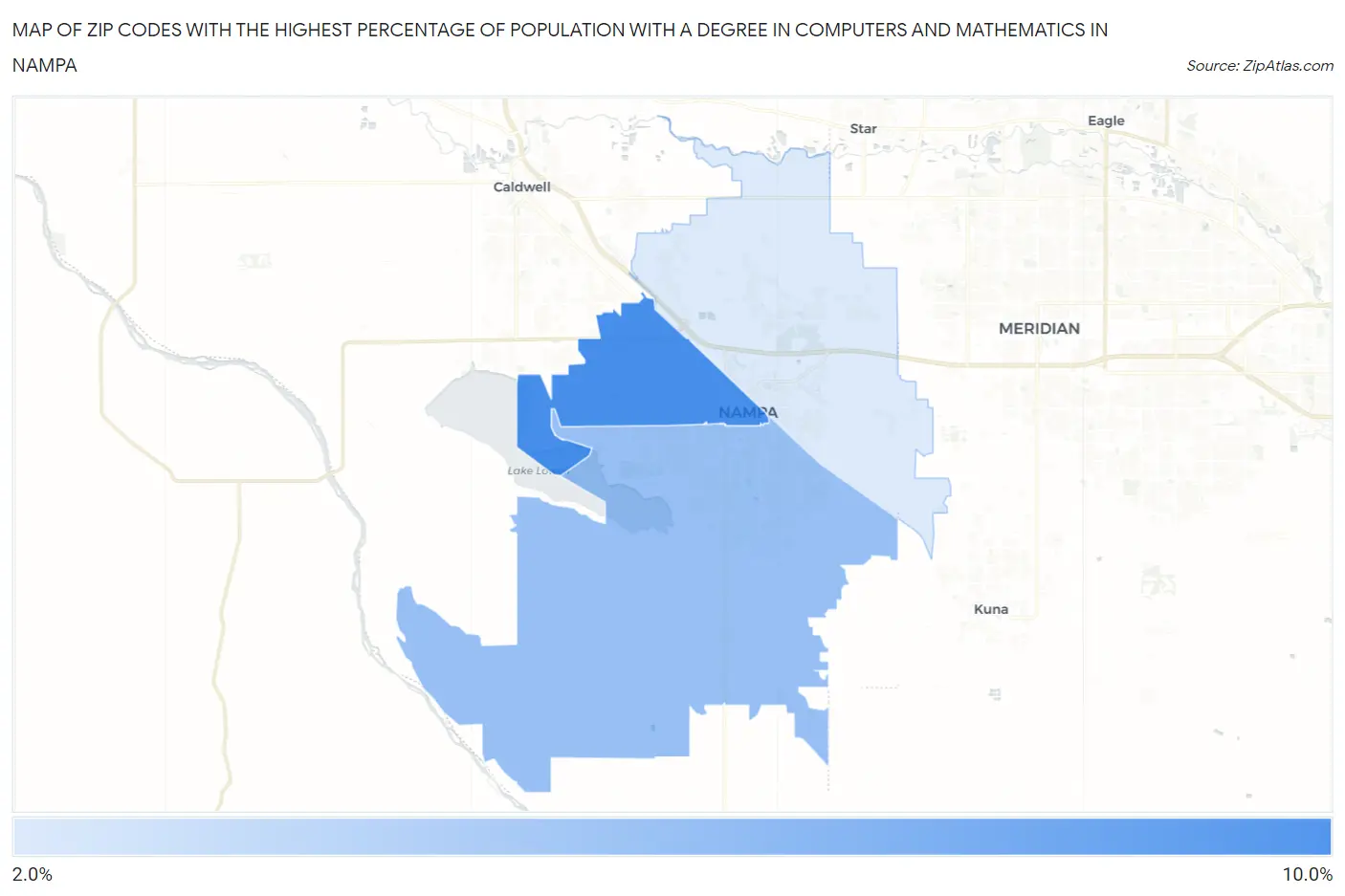 Zip Codes with the Highest Percentage of Population with a Degree in Computers and Mathematics in Nampa Map