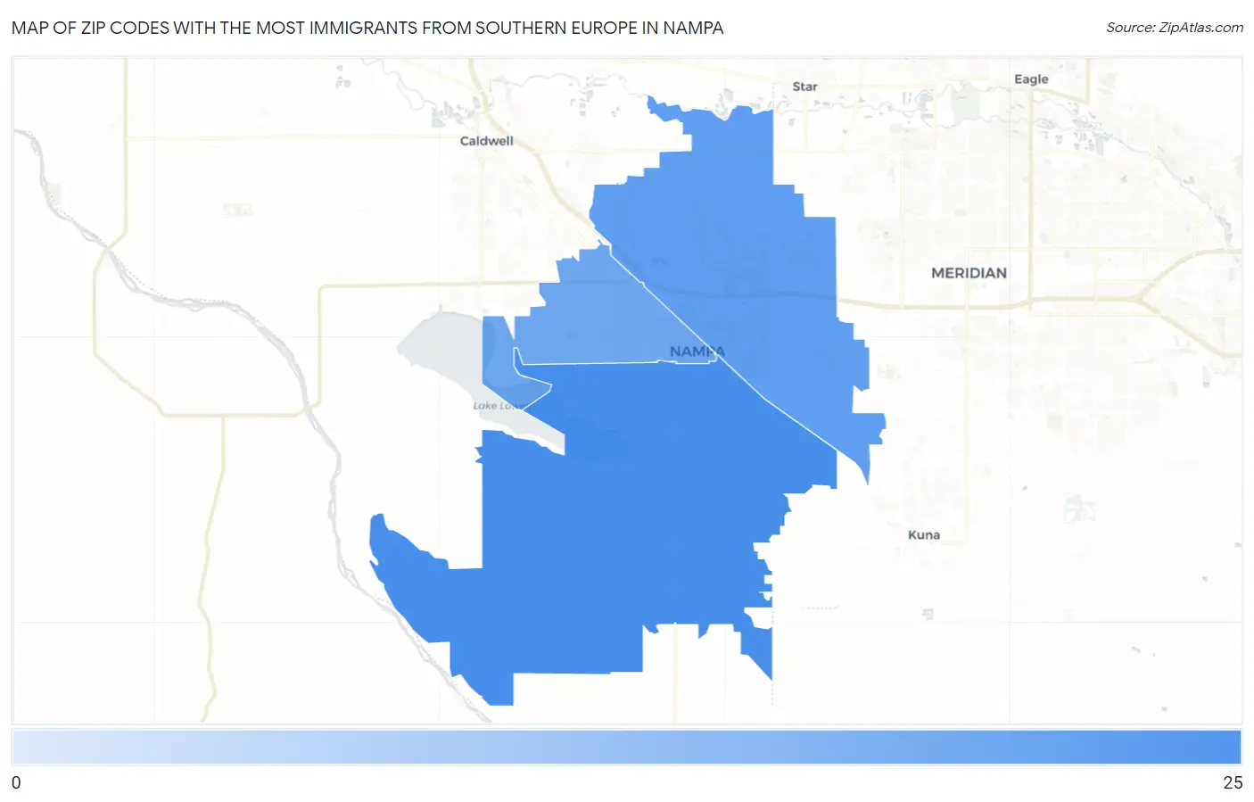 Zip Codes with the Most Immigrants from Southern Europe in Nampa Map