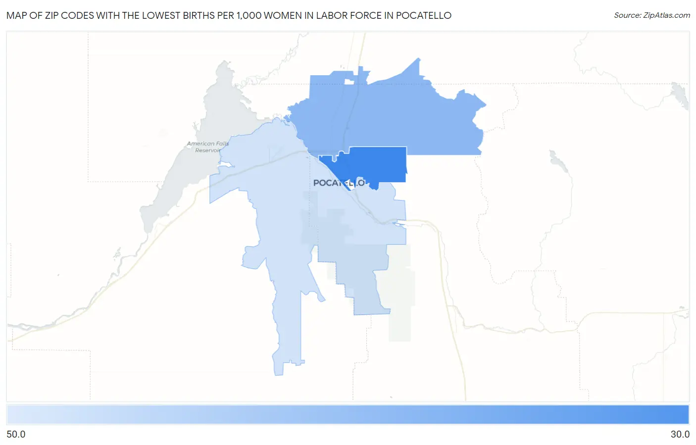 Zip Codes with the Lowest Births per 1,000 Women in Labor Force in Pocatello Map