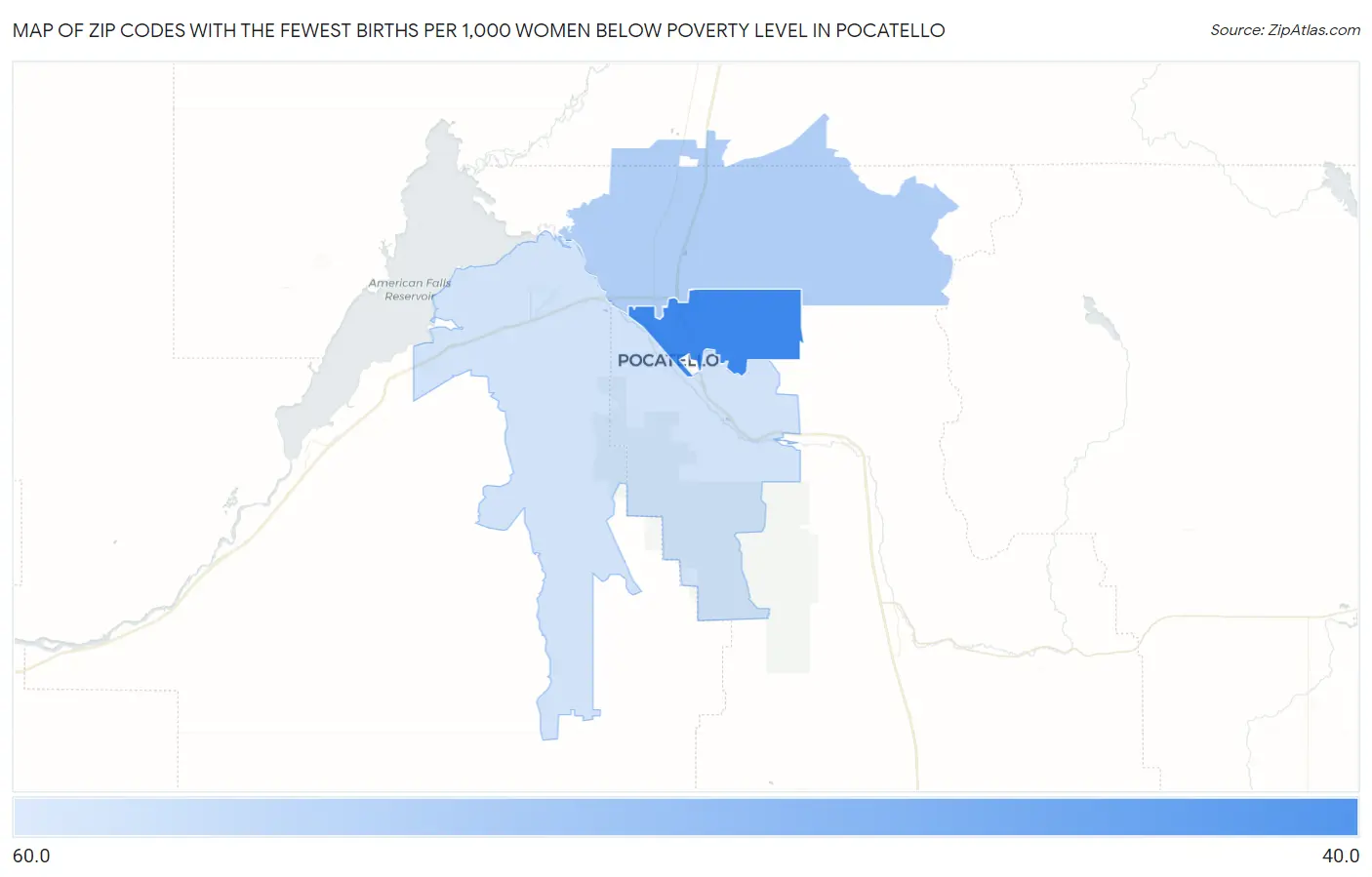 Zip Codes with the Fewest Births per 1,000 Women Below Poverty Level in Pocatello Map