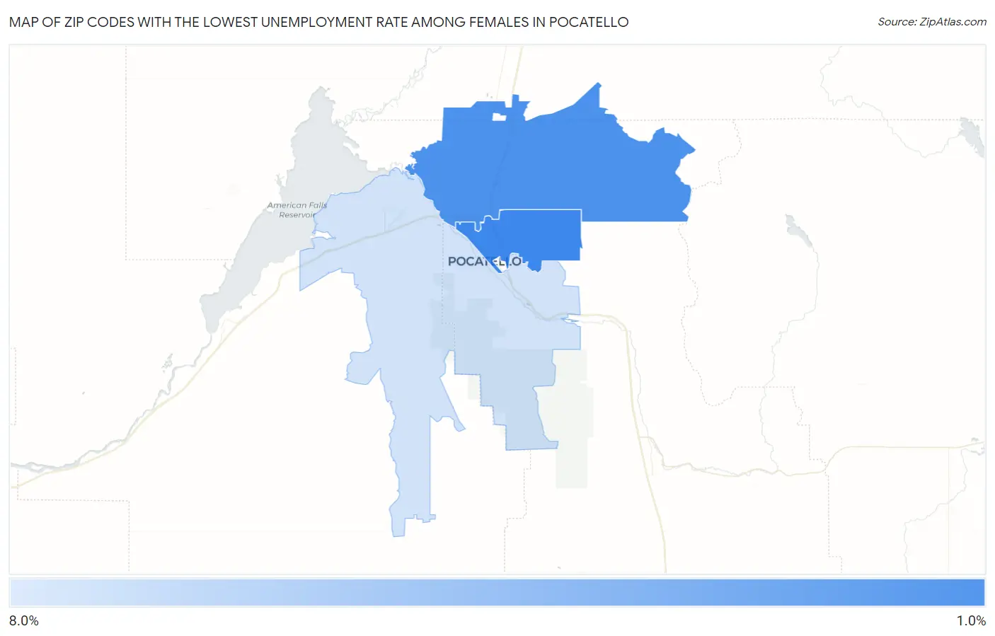 Zip Codes with the Lowest Unemployment Rate Among Females in Pocatello Map