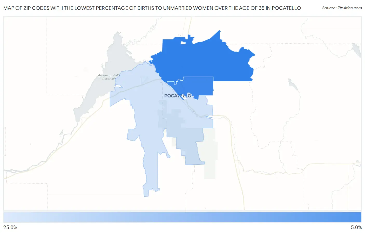 Zip Codes with the Lowest Percentage of Births to Unmarried Women over the Age of 35 in Pocatello Map
