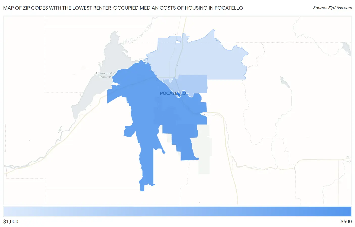 Zip Codes with the Lowest Renter-Occupied Median Costs of Housing in Pocatello Map