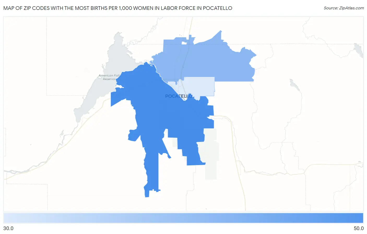 Zip Codes with the Most Births per 1,000 Women in Labor Force in Pocatello Map