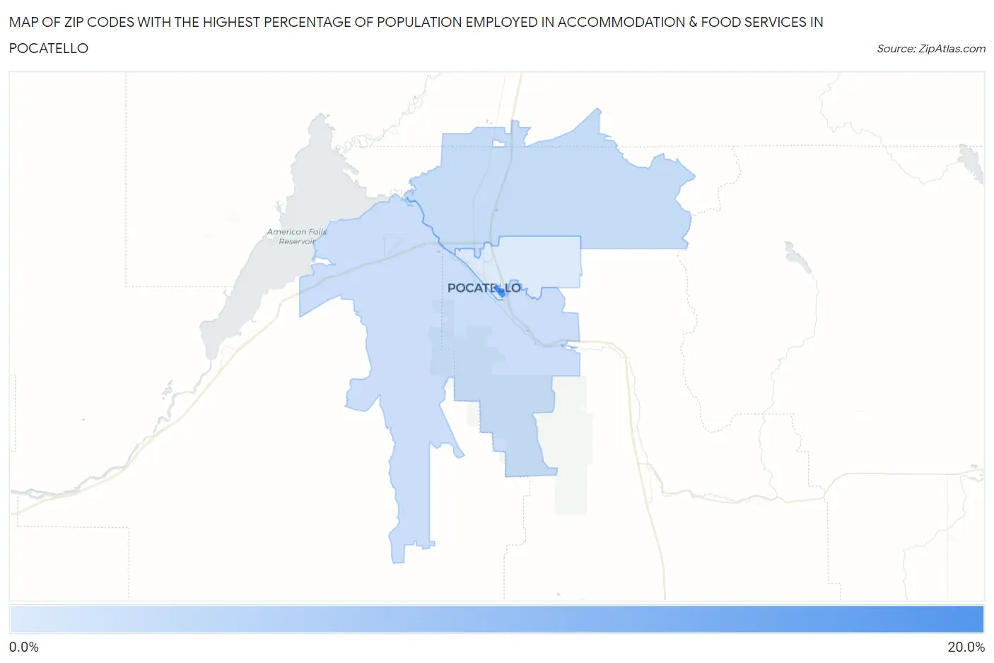 Zip Codes with the Highest Percentage of Population Employed in Accommodation & Food Services in Pocatello Map