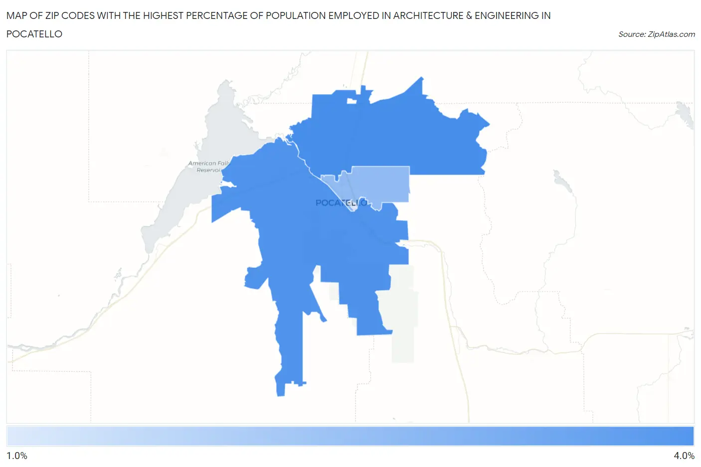 Zip Codes with the Highest Percentage of Population Employed in Architecture & Engineering in Pocatello Map