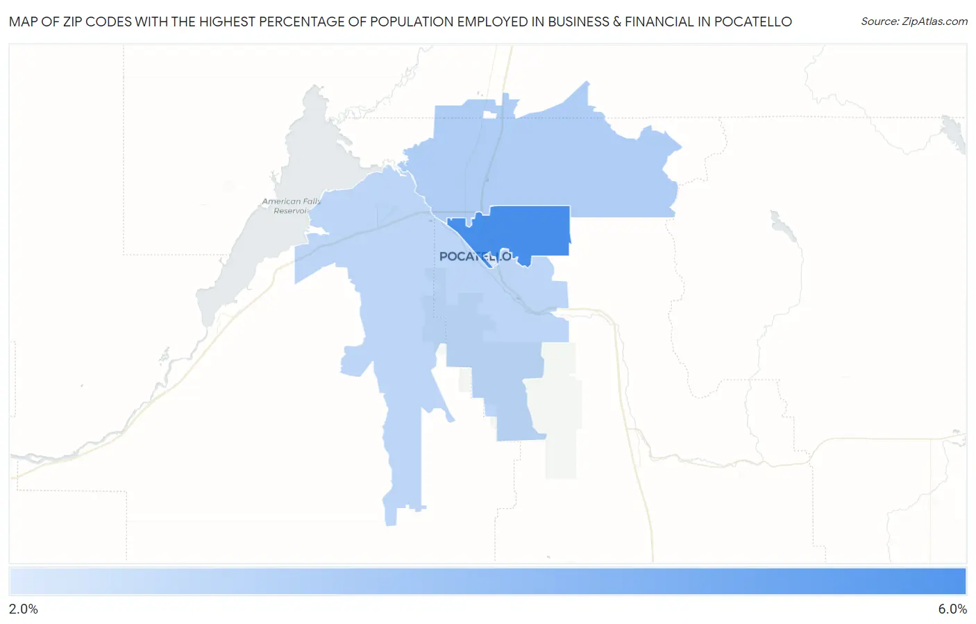 Zip Codes with the Highest Percentage of Population Employed in Business & Financial in Pocatello Map