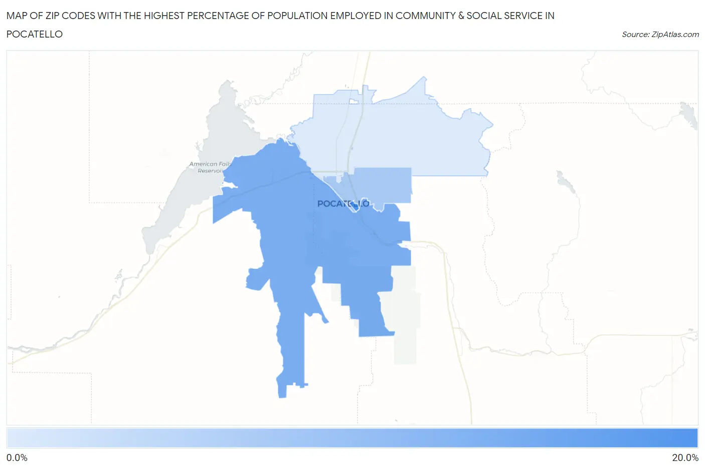 Zip Codes with the Highest Percentage of Population Employed in Community & Social Service  in Pocatello Map