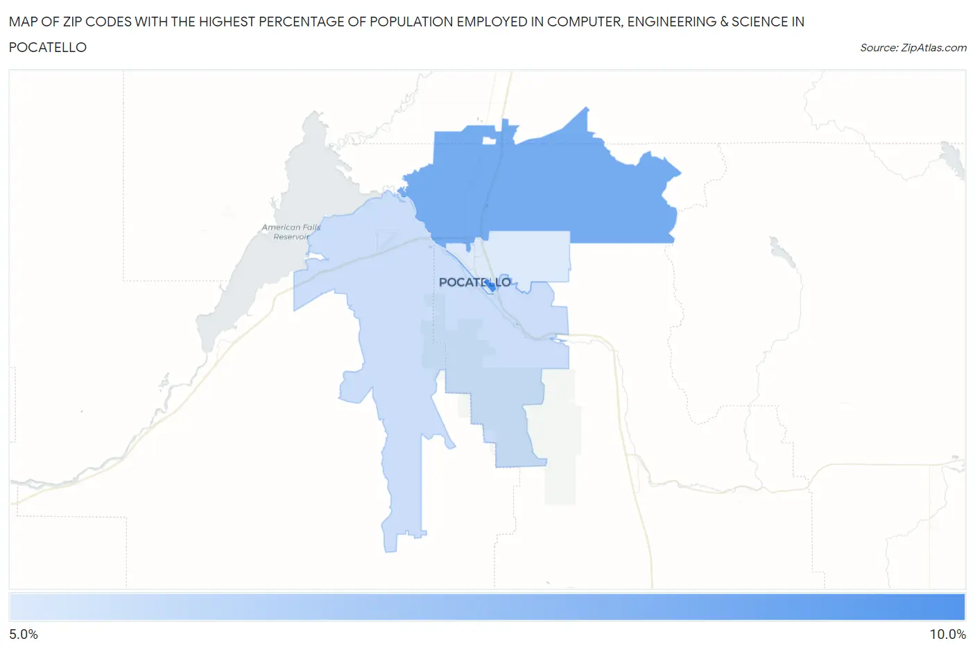 Zip Codes with the Highest Percentage of Population Employed in Computer, Engineering & Science in Pocatello Map