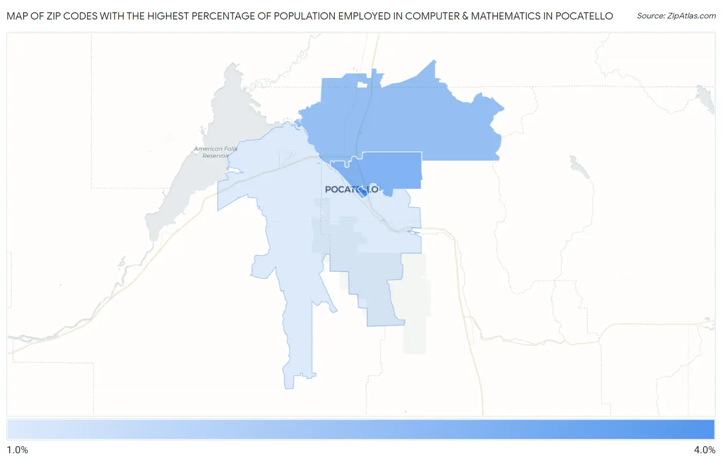 Zip Codes with the Highest Percentage of Population Employed in Computer & Mathematics in Pocatello Map
