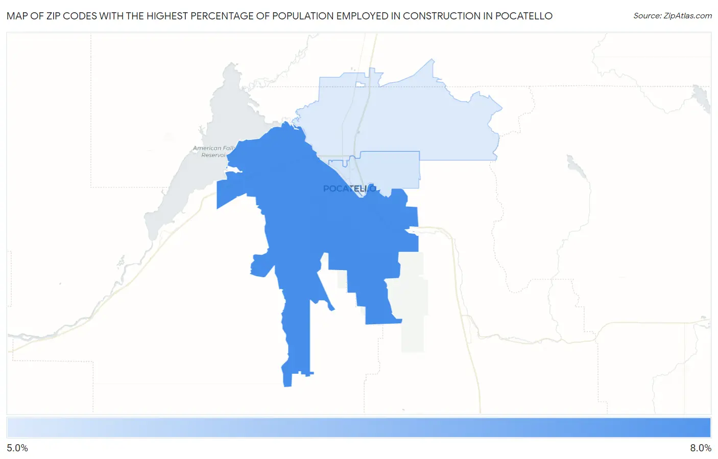 Zip Codes with the Highest Percentage of Population Employed in Construction in Pocatello Map