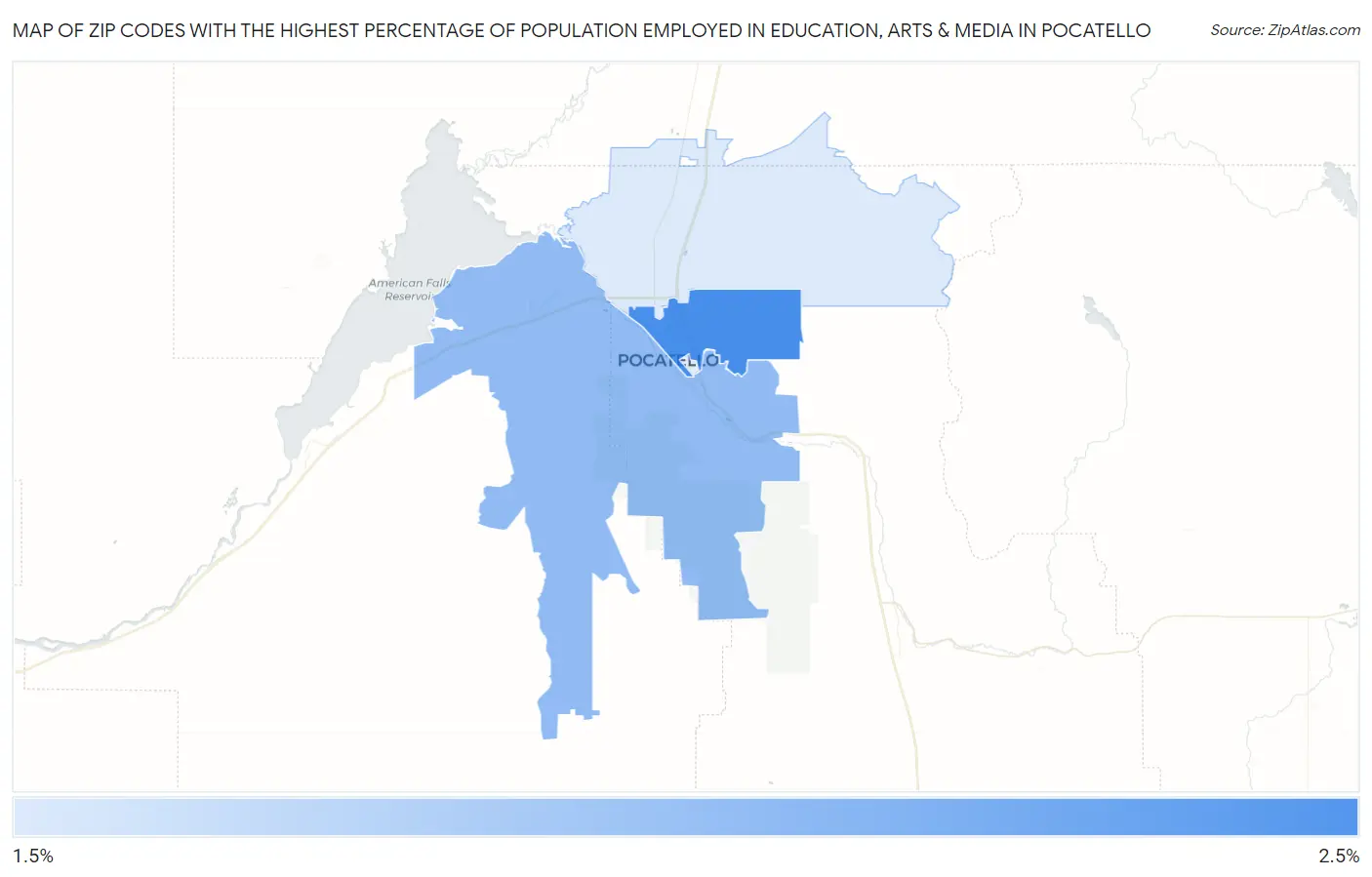 Zip Codes with the Highest Percentage of Population Employed in Education, Arts & Media in Pocatello Map