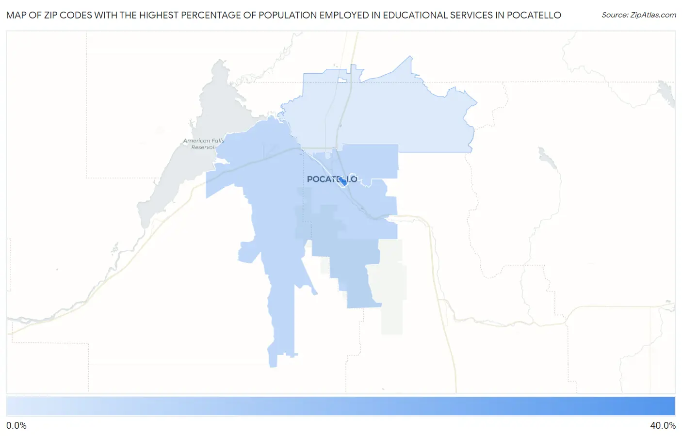 Zip Codes with the Highest Percentage of Population Employed in Educational Services in Pocatello Map