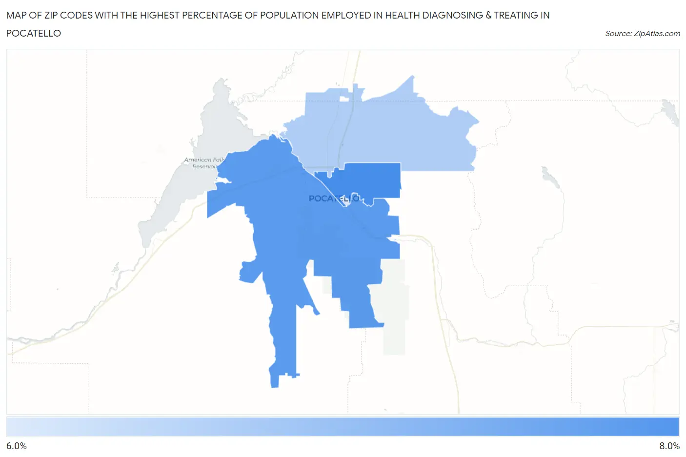 Zip Codes with the Highest Percentage of Population Employed in Health Diagnosing & Treating in Pocatello Map