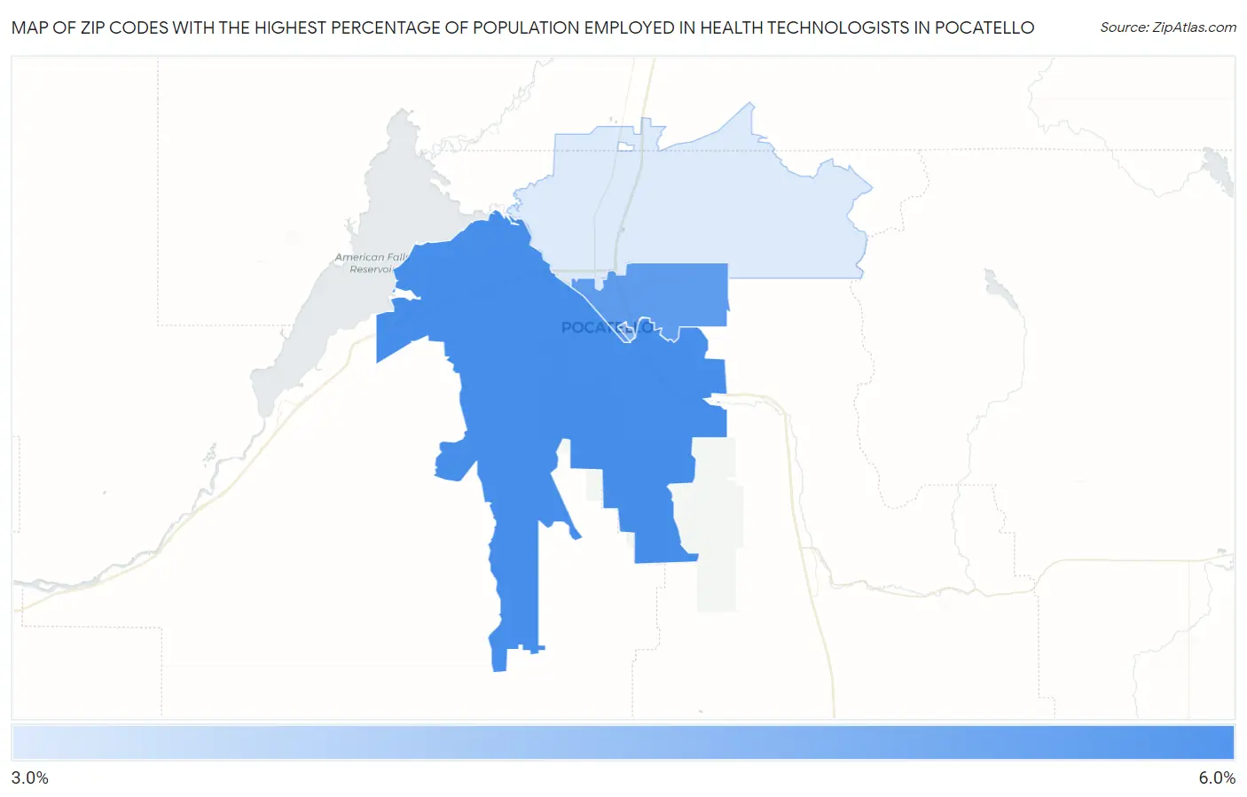 Zip Codes with the Highest Percentage of Population Employed in Health Technologists in Pocatello Map