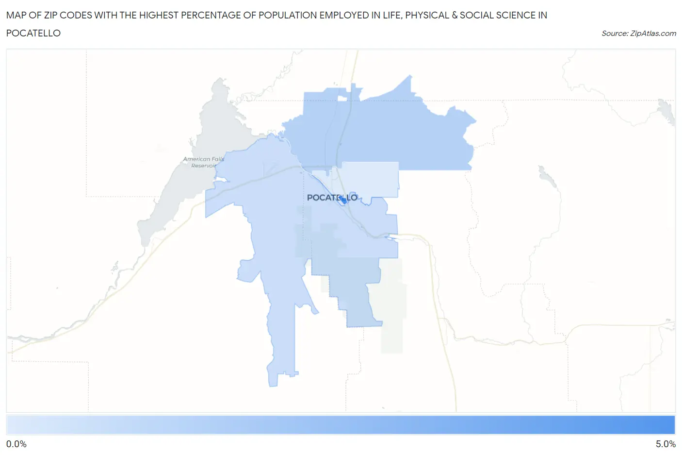 Zip Codes with the Highest Percentage of Population Employed in Life, Physical & Social Science in Pocatello Map