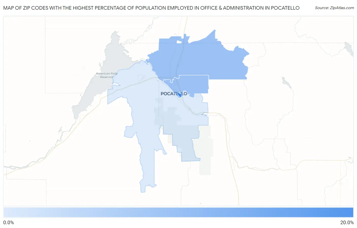 Zip Codes with the Highest Percentage of Population Employed in Office & Administration in Pocatello Map