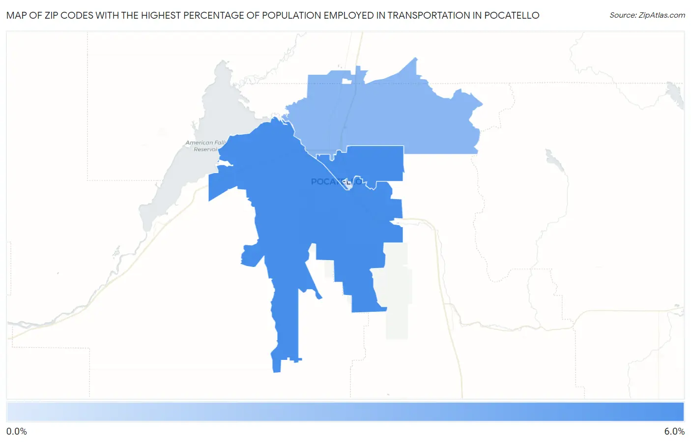 Zip Codes with the Highest Percentage of Population Employed in Transportation in Pocatello Map
