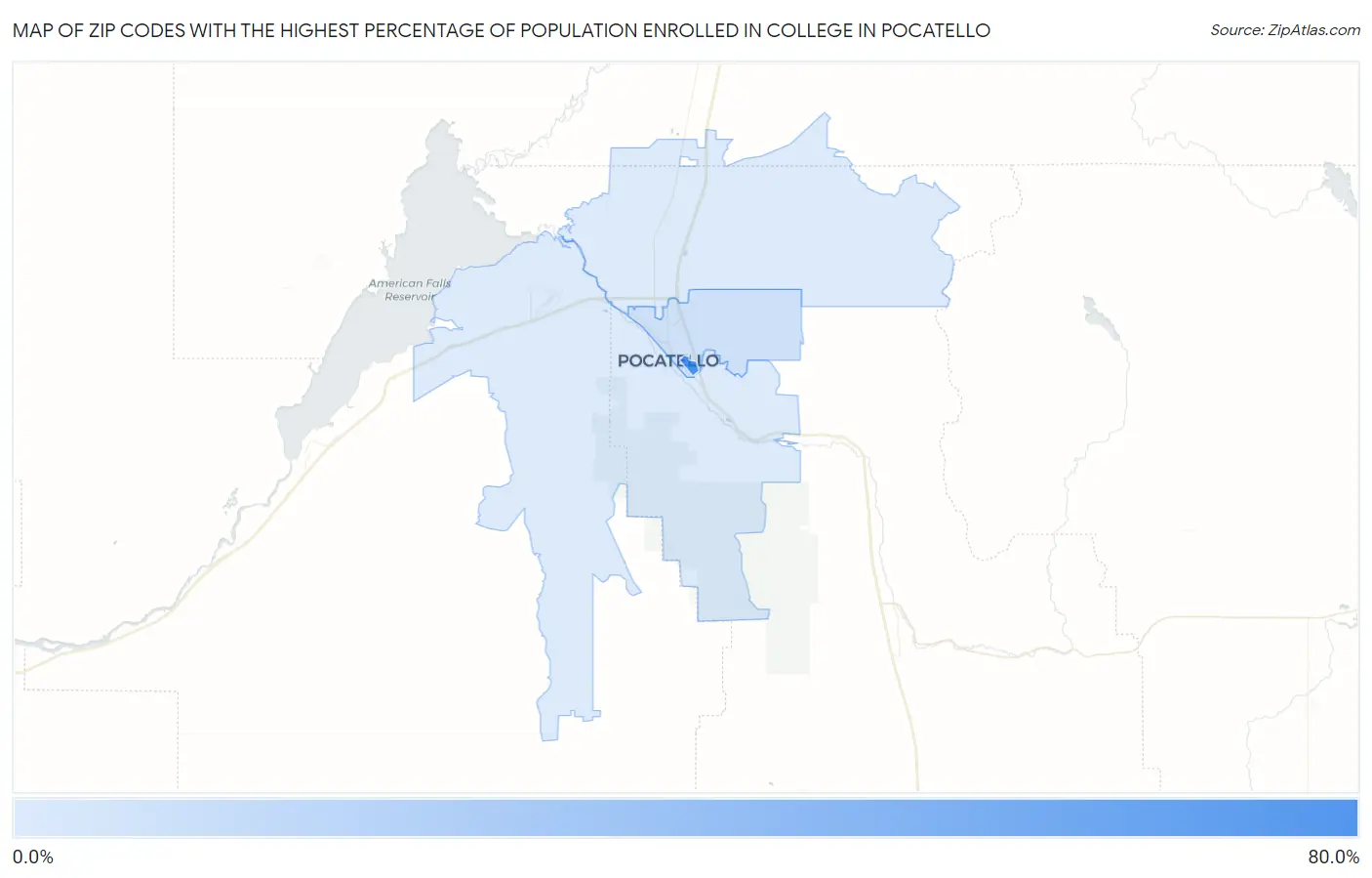 Zip Codes with the Highest Percentage of Population Enrolled in College in Pocatello Map