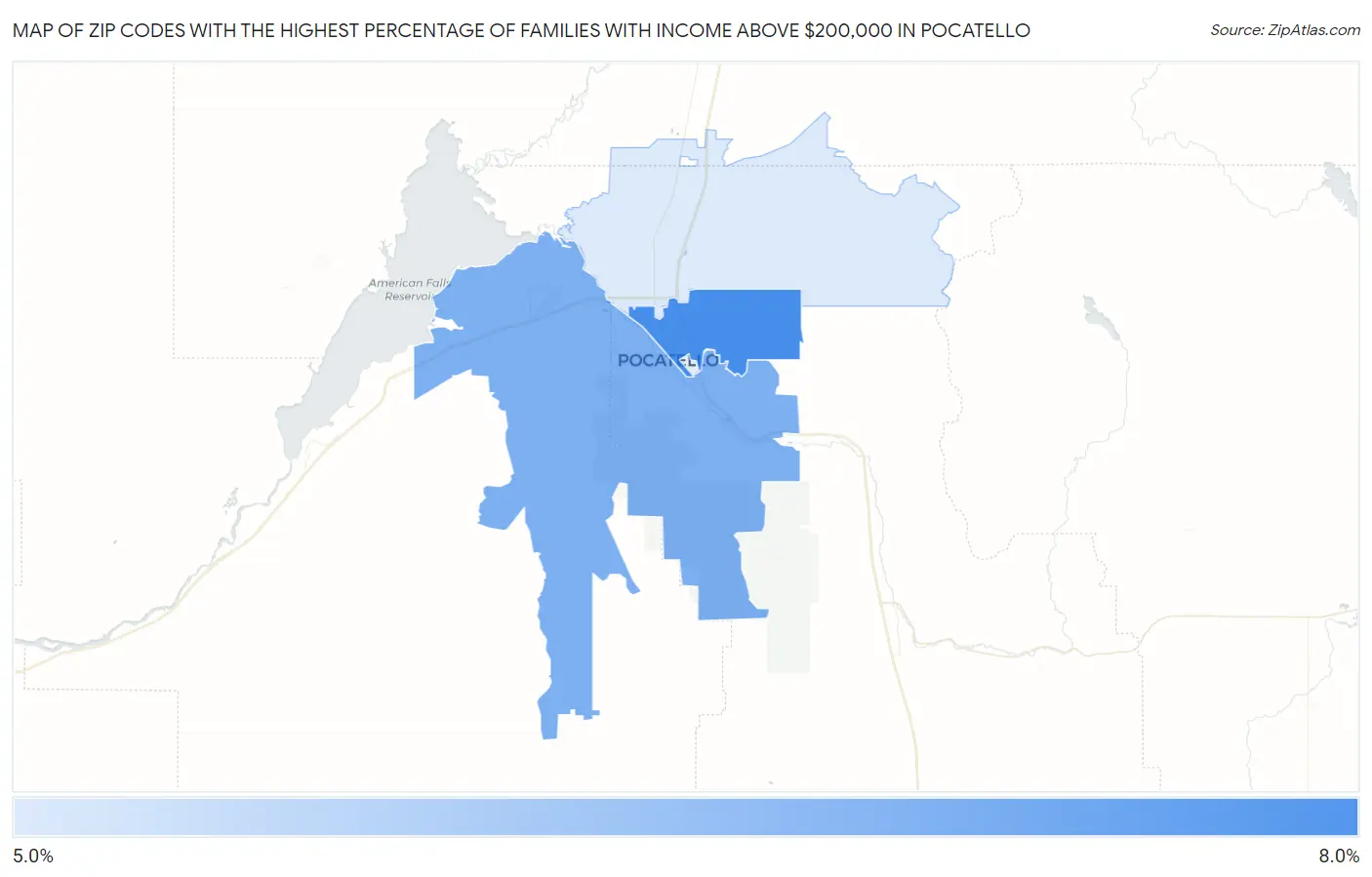 Zip Codes with the Highest Percentage of Families with Income Above $200,000 in Pocatello Map
