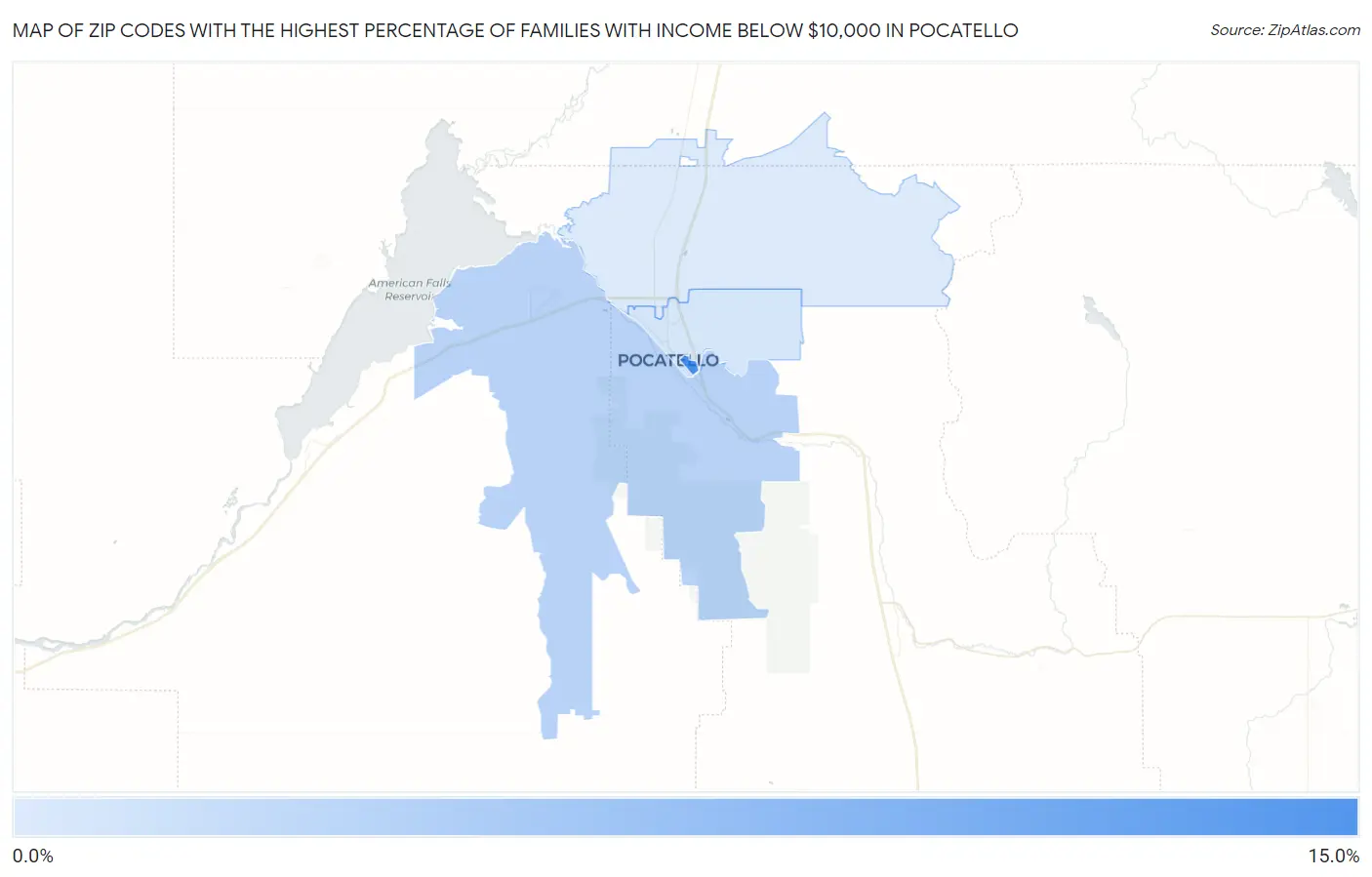 Zip Codes with the Highest Percentage of Families with Income Below $10,000 in Pocatello Map