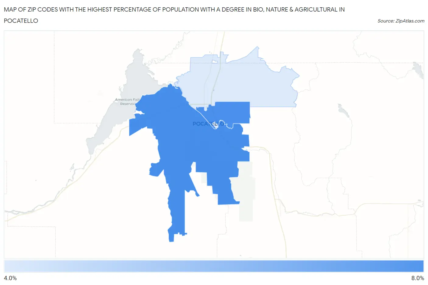 Zip Codes with the Highest Percentage of Population with a Degree in Bio, Nature & Agricultural in Pocatello Map