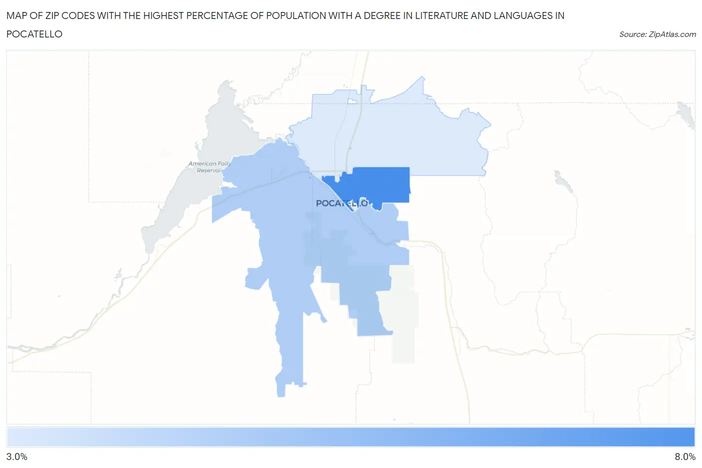 Zip Codes with the Highest Percentage of Population with a Degree in Literature and Languages in Pocatello Map