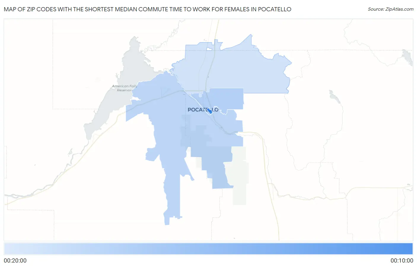 Zip Codes with the Shortest Median Commute Time to Work for Females in Pocatello Map