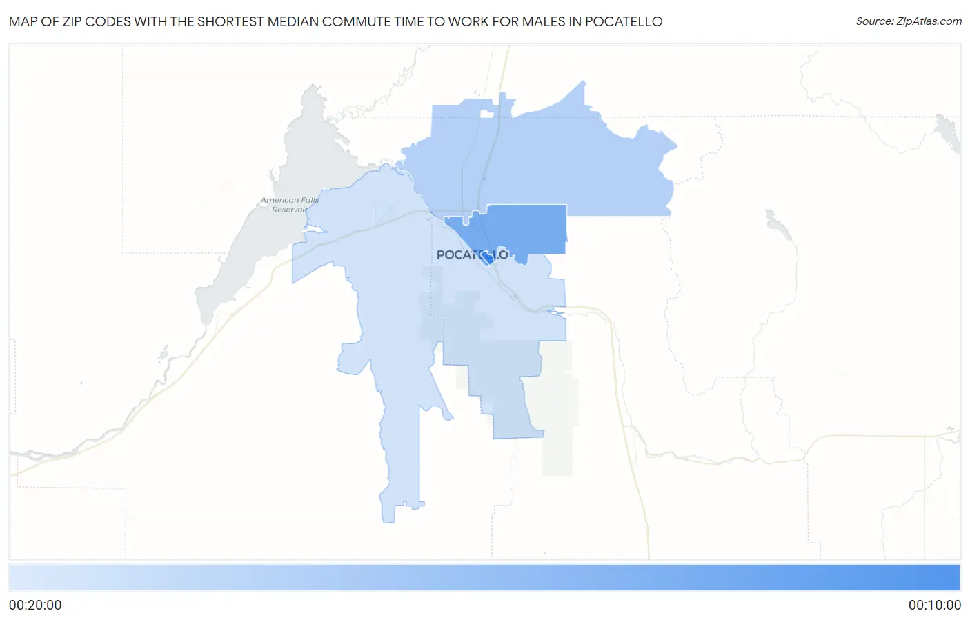 Zip Codes with the Shortest Median Commute Time to Work for Males in Pocatello Map