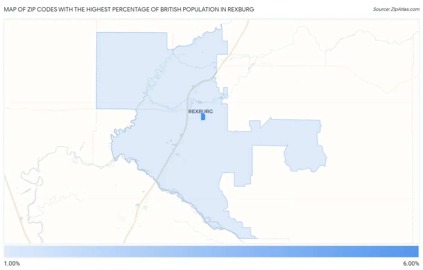 Zip Codes with the Highest Percentage of British Population in Rexburg Map