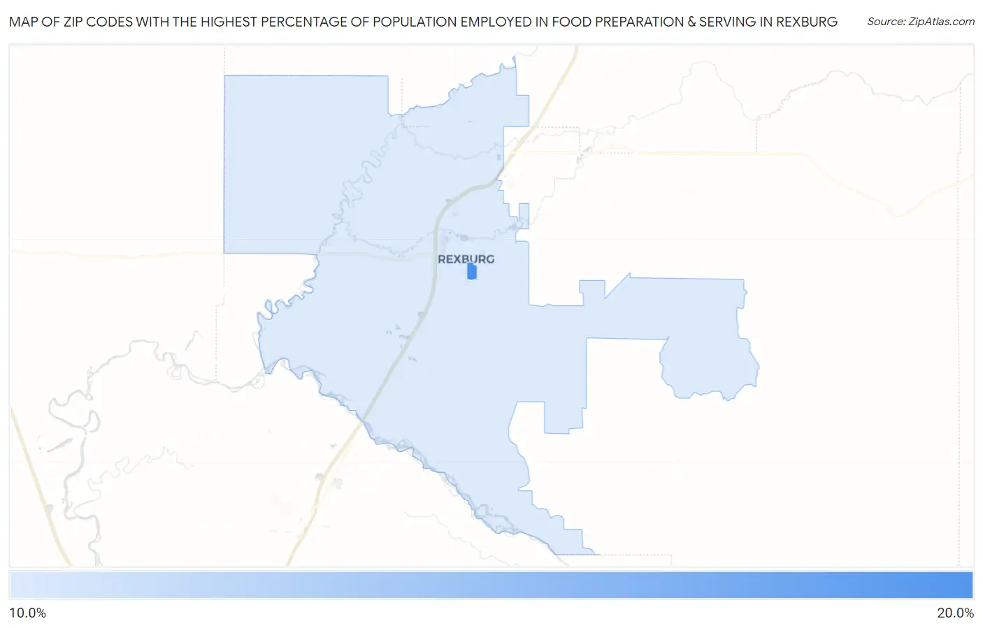 Zip Codes with the Highest Percentage of Population Employed in Food Preparation & Serving in Rexburg Map