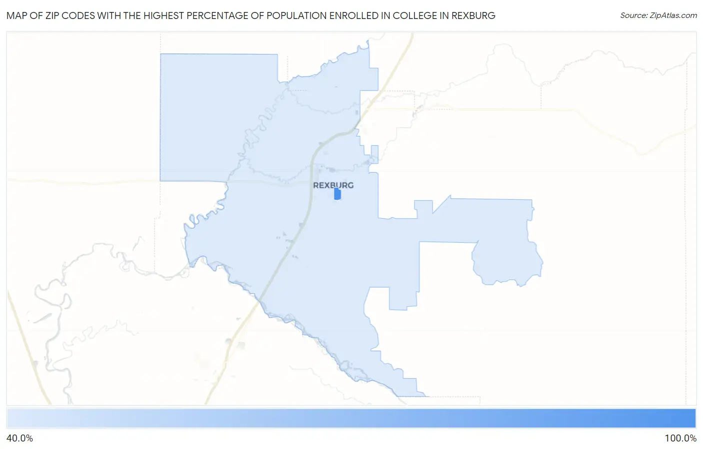Zip Codes with the Highest Percentage of Population Enrolled in College in Rexburg Map