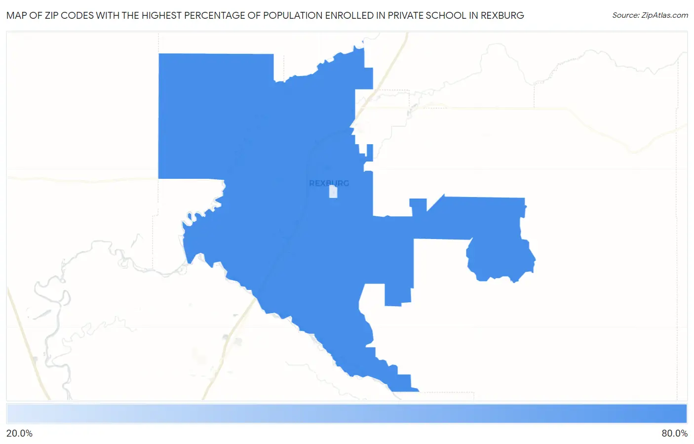 Zip Codes with the Highest Percentage of Population Enrolled in Private School in Rexburg Map