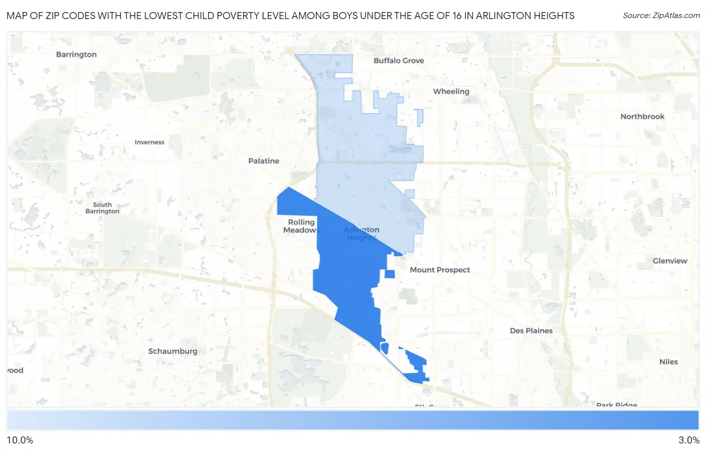 Zip Codes with the Lowest Child Poverty Level Among Boys Under the Age of 16 in Arlington Heights Map