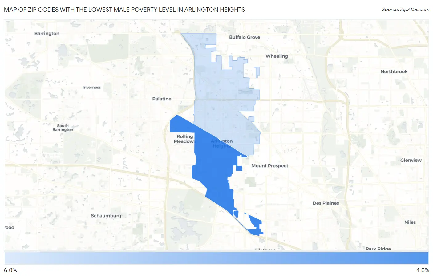 Zip Codes with the Lowest Male Poverty Level in Arlington Heights Map