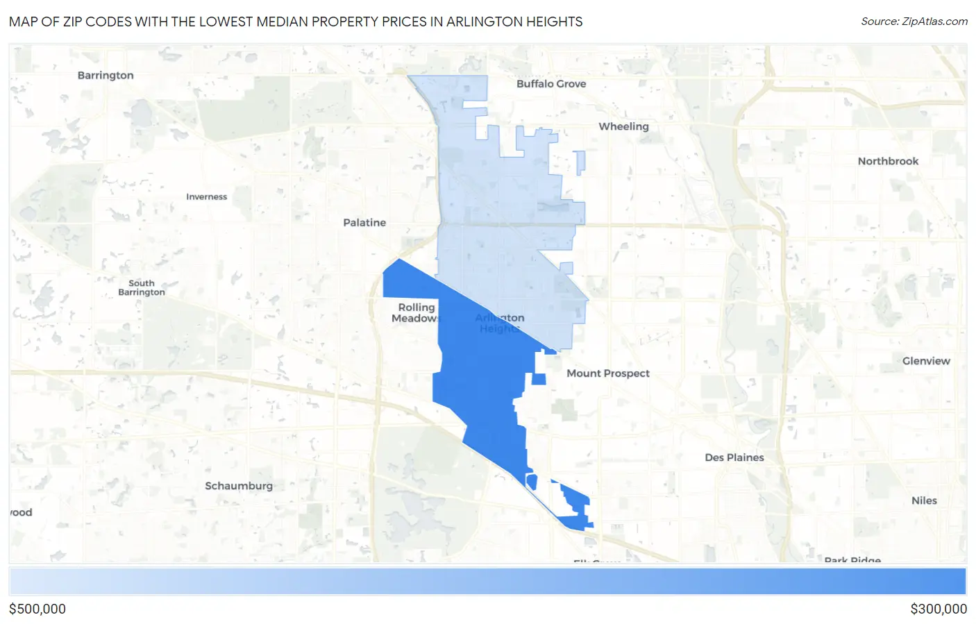 Zip Codes with the Lowest Median Property Prices in Arlington Heights Map