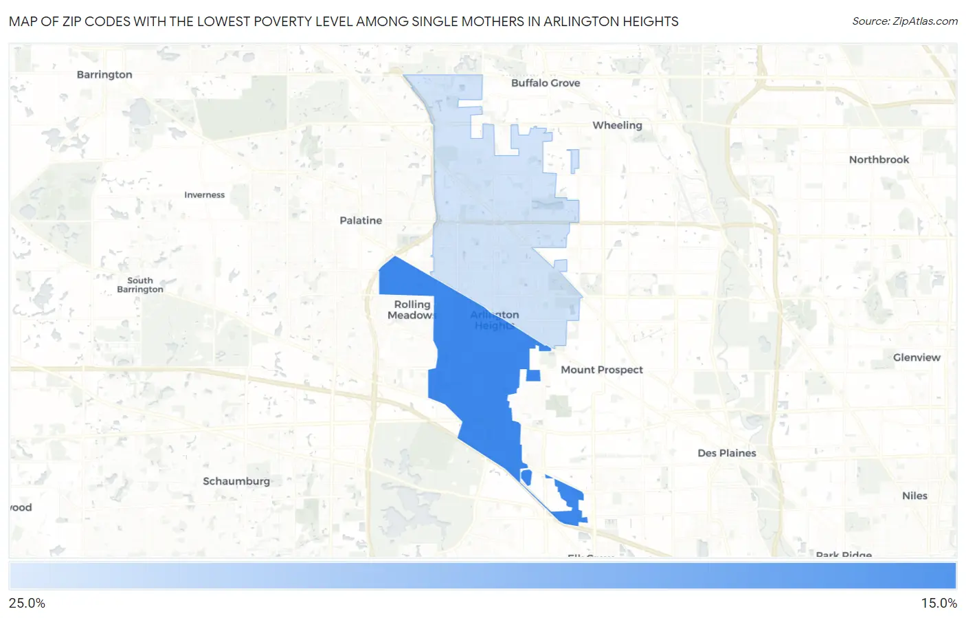 Zip Codes with the Lowest Poverty Level Among Single Mothers in Arlington Heights Map