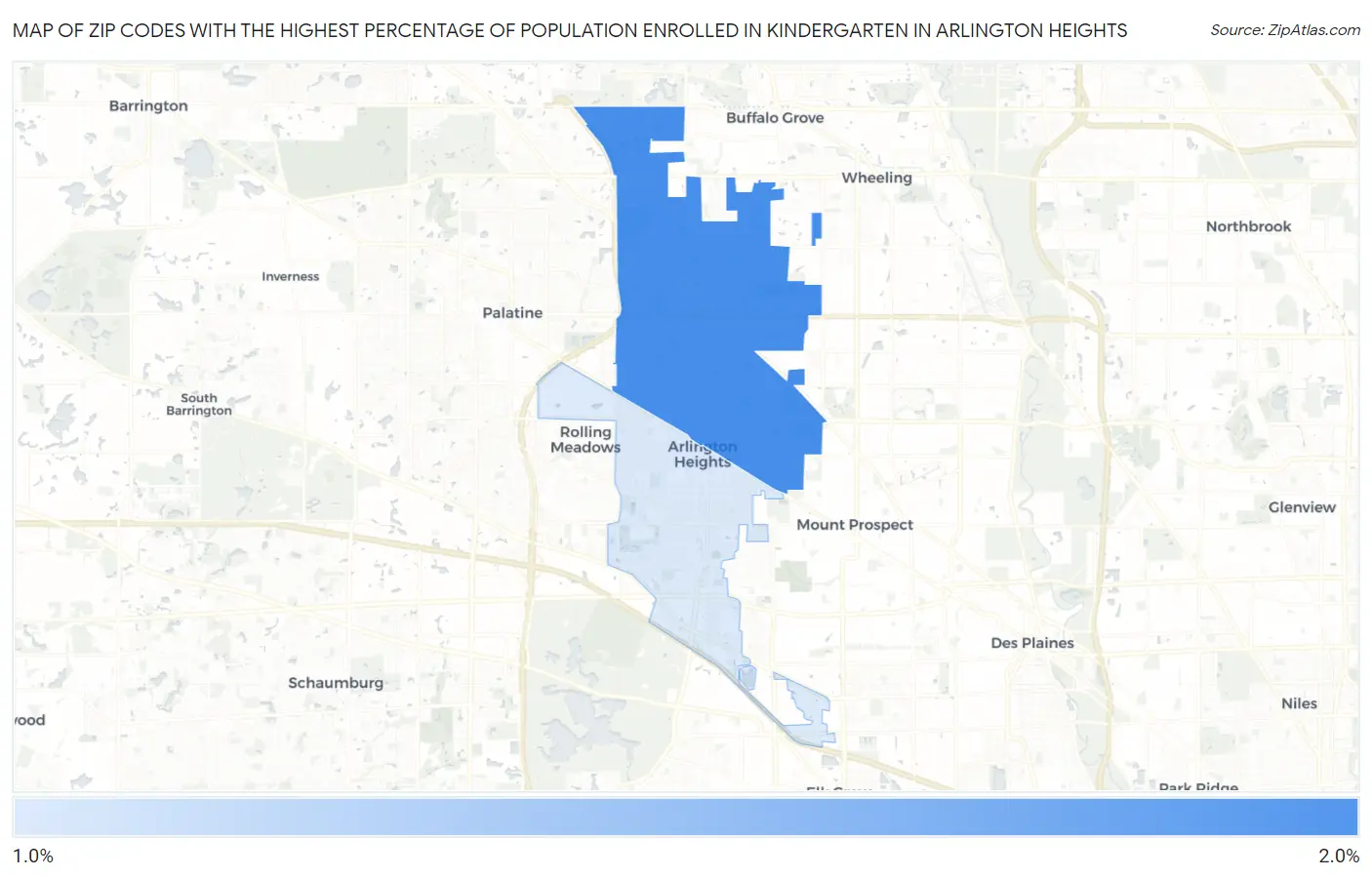 Zip Codes with the Highest Percentage of Population Enrolled in Kindergarten in Arlington Heights Map