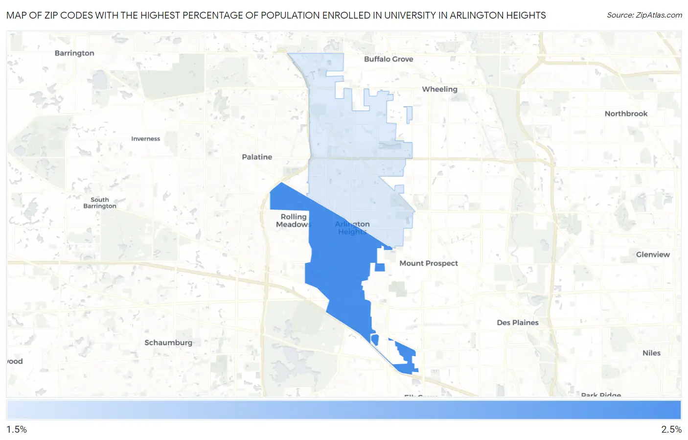 Zip Codes with the Highest Percentage of Population Enrolled in University in Arlington Heights Map