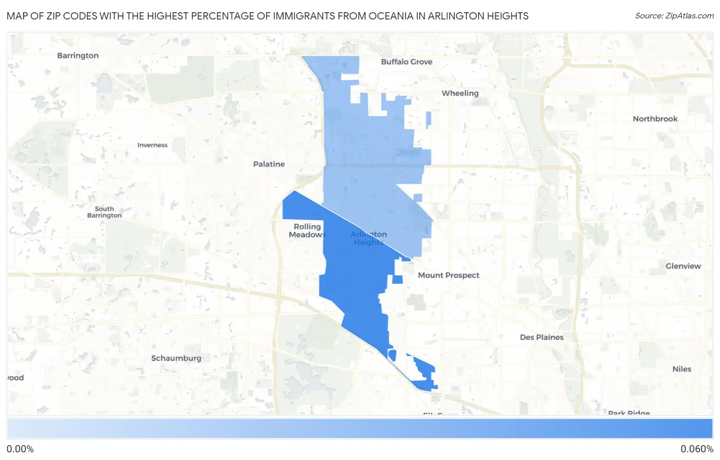 Zip Codes with the Highest Percentage of Immigrants from Oceania in Arlington Heights Map