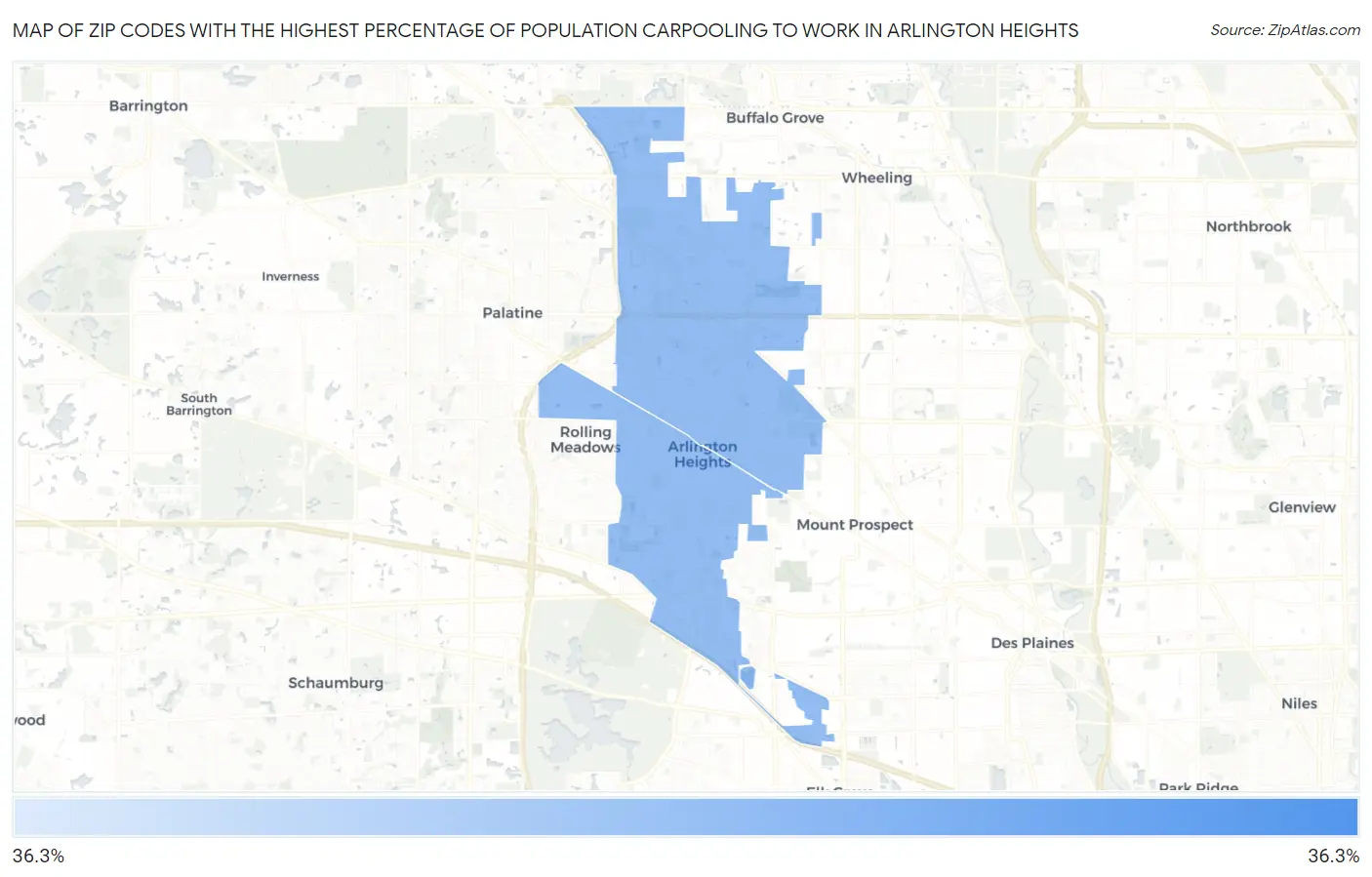 Zip Codes with the Highest Percentage of Population Carpooling to Work in Arlington Heights Map