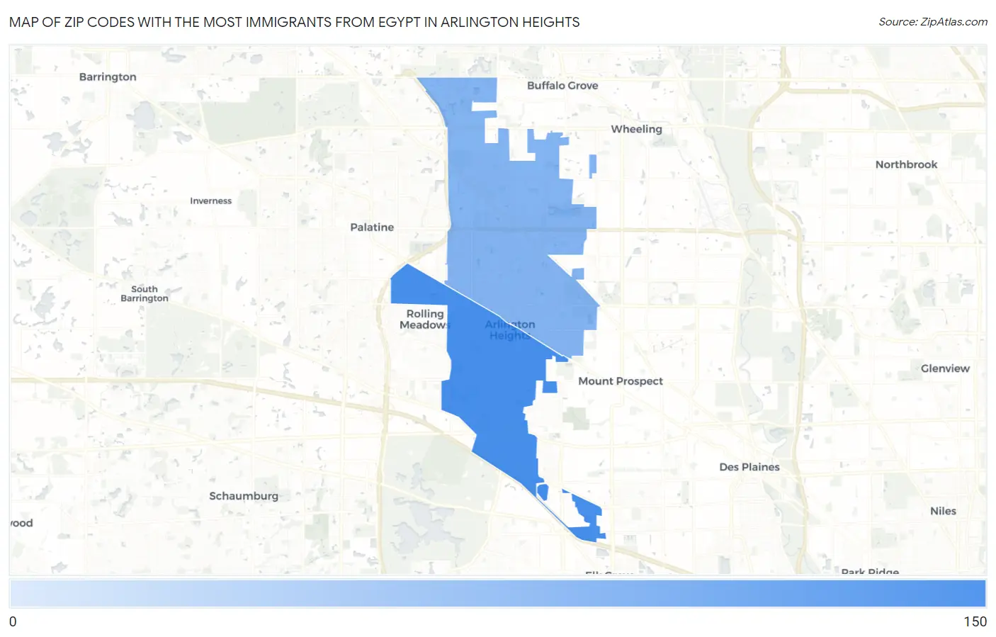 Zip Codes with the Most Immigrants from Egypt in Arlington Heights Map