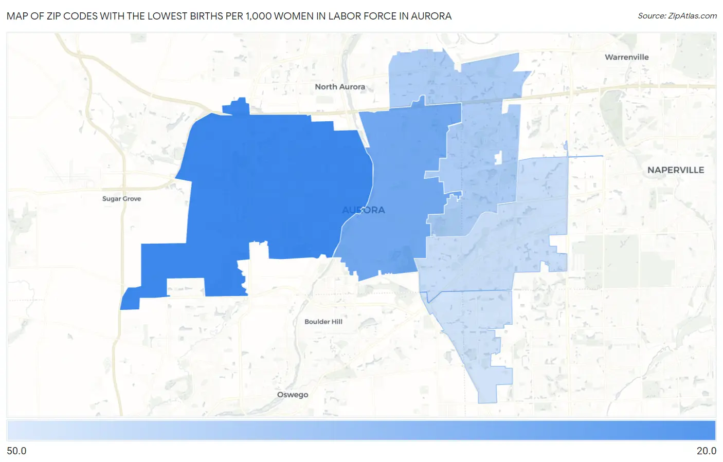 Zip Codes with the Lowest Births per 1,000 Women in Labor Force in Aurora Map
