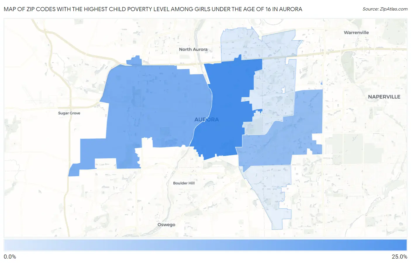 Zip Codes with the Highest Child Poverty Level Among Girls Under the Age of 16 in Aurora Map