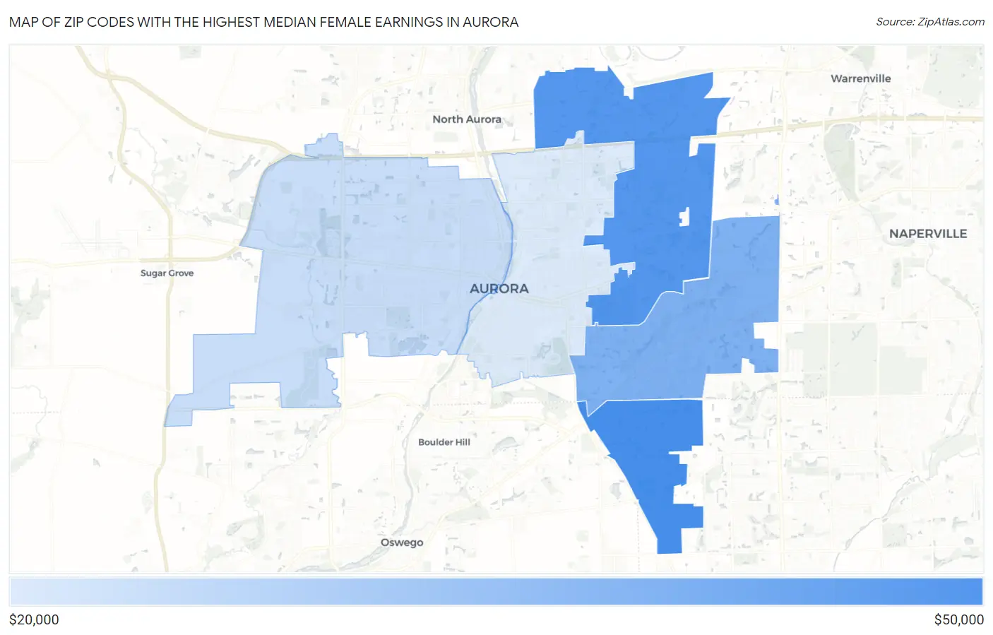 Zip Codes with the Highest Median Female Earnings in Aurora Map